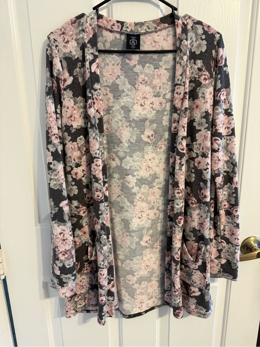 Agnes & Dora Floral Open-Front Cardigan - Pink & Gray